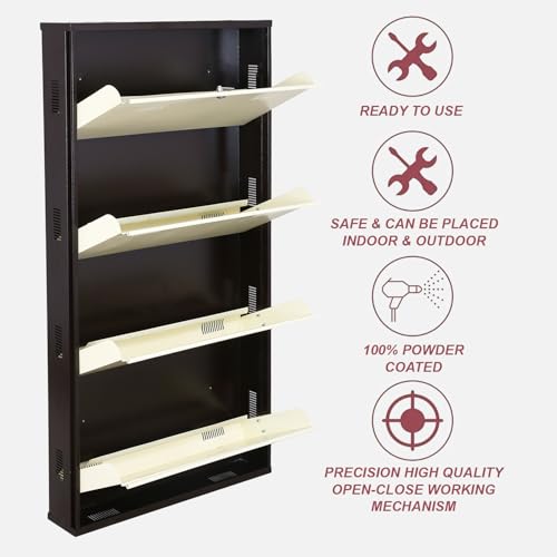 Image of Metal Shoe Rack Wall Mounted for Home with Central Locking 4 Door 28 inch Wall Mounted Metal 12 Pair Rack Cabinet Pre-Assembled Rack Shelves 3 Year Warranty (Brown & Ivory)