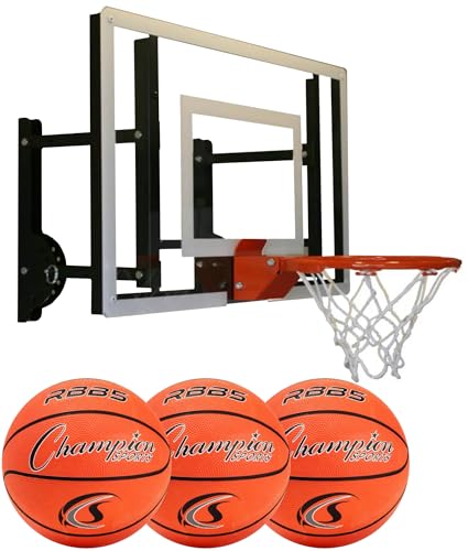 RAMgoal 24" Wall-Mounted Adjustable Mini Hoop Bundle | Shatter-Resistant Backboard, Breakaway Rim, Steel Mount | with 3 Champion Sports Pro Style Basketballs