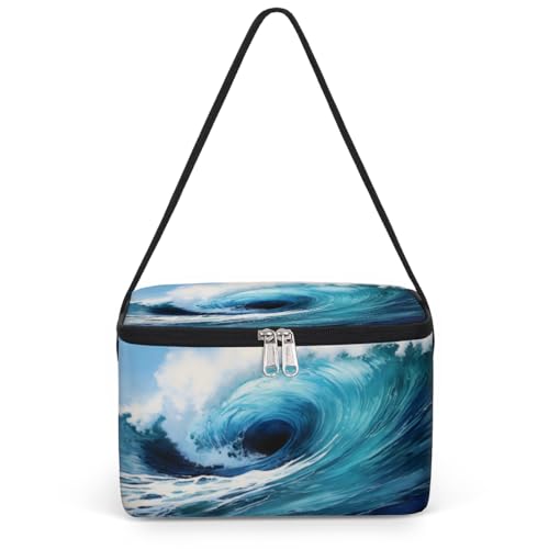 Abstract Waves Blue Lunch Bags for Women Men 9 Cans, Hot & Cold Food Delivery Bag Insulated Grocery Bag Insulated Lunch Box Sea Ocean Cooler Bag for Office Work Picnic Beach