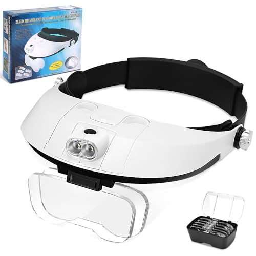 Lupa de Cabeça, Lupa de Cabeça com 2 LEDs e 4 Lentes de Aumento, Profissional Óculos Leitura, Pode Ser Utilizado para Ler