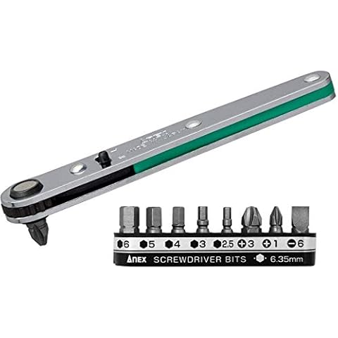 ANEX Ultra Low Profile Offset Ratcheting Screwdriver and Hex Wrench 90 Degree For Tight Area (Magnetic 9 Bits Set) Straight Flathead, Green Cover