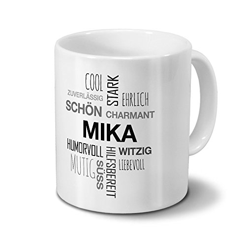 printplanet Tasse mit Namen Mika Positive Eigenschaften Tagcloud - Schwarz - Namenstasse, Kaffeebecher, Mug, Becher, Kaffeetasse