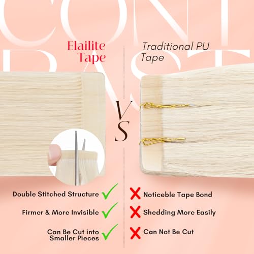 Image of Elailite Tape in Hair Extensions Human Hair Thick Real Remy Hairpieces Platinum Blonde 20 Inch 50g 20pcs Straight Invisible Seamless Skin Weft Best Tape for Women