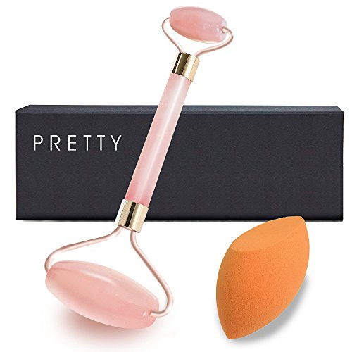 Rose Quartz Roller for Face - 100% Natural Jade Roller Genuine Massage Face Stone Derma Quartz Anti-Aging Royal Jade - For Face Neck Healing Slimming Massager - Bonus Makeup Sponge Included