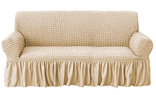 Image of House of Quirk Turkish Bubble Frill 280 GSM Sofa Slipcovers, Durable Washable Universal Triple Seater High Elastic Furniture Protector (Beige, 185-230cm)
