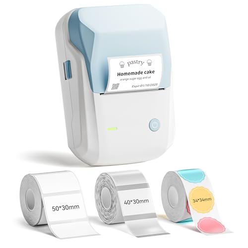 Image of NIIMBOT B1 Label Maker Machine with 3 Tapes, 50x30mm White /40x30mm Clear /34x34mm Round, Bluetooth Thermal Label Printer for Small Business,Office,Home,School (Light Blue, 1 Printer+3 Roll Label)