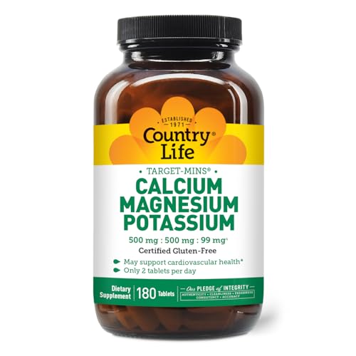 Country Life Target Mins - Calcium Magnesium Potassium Bone & Heart Health Supplement, 1000mg Calcium, 500mg Magnesium, Supports Calcium Utilization, 180 Tablets – Certified Gluten Free & Vegan