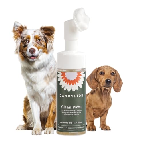 Dandylion Clean Paws | No-Rinse Puppy Paw Cleaner & Dog Paw Wash | Gentle, Fragrance-Free, pH Balanced Foaming Cleanser with Silicone Bristle Brush | Safe for All Dogs | 5 fl oz