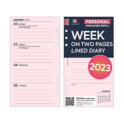 NBplanner Personal size 2023 Week on two pages lined diary 6-ring organiser refill insert | Filofax Personal COMPATIBLE (2023 Pink) Cover