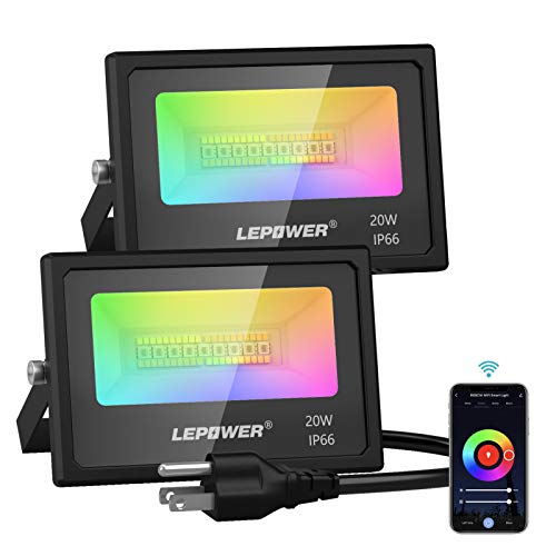 LEPOWER 20W Smart LED Flood Lights Outdoor, WiFi Dimmable Color Changing Stage Light, RGBCW, 2700K-6000K, 1600LM, Multicolor Wall Washer Light, IP66 Waterproof, Works with Alexa (2 Pack)