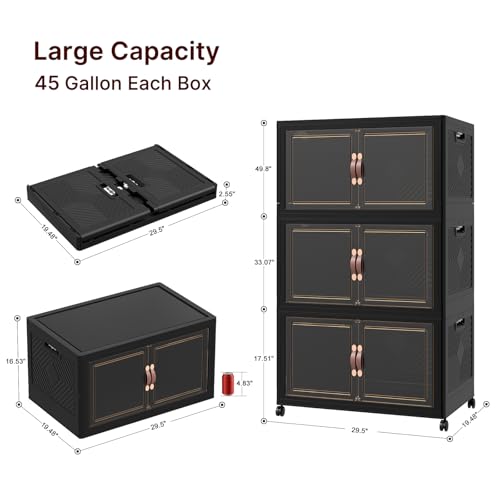 Image of UAMFURI Stackable Storage Bins with Lids, 540QT Lockable Storage Cabinet | Folding Storage Box with Doors and Wheels, Collapsible Plastic Drawers for Home, Garage, Office