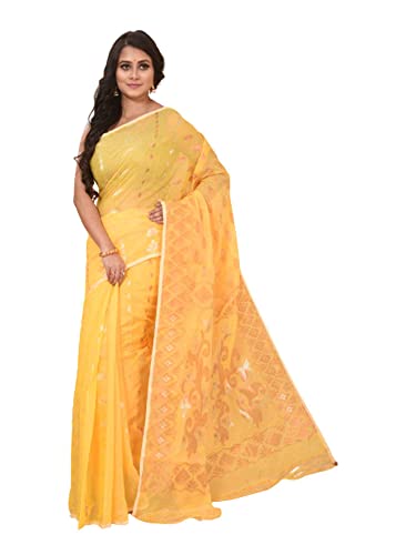 Sari indio Dhakai jamdani de algodón amarillo de 5.5 metros