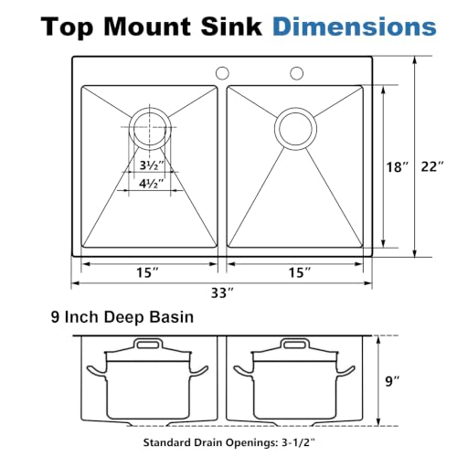 Image of SHACO 33x22 Inch 50 /50 Double Bowl Black Drop In Kitchen Sink, 33 Inch Gunmetal Black 16 Gauge Stainless Steel Top Mount Kitchen Sink with Grid and Accessories