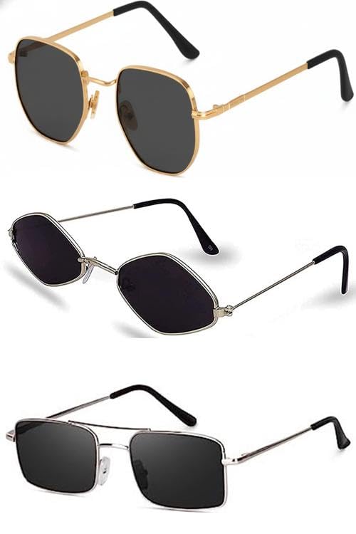 sheomy Unisex combo offer pack of 3 shades Unisex Fashion Sunglasses Set, 3 Pairs, Metal Frame, Black and Silver - Combo3-1574-picture-50