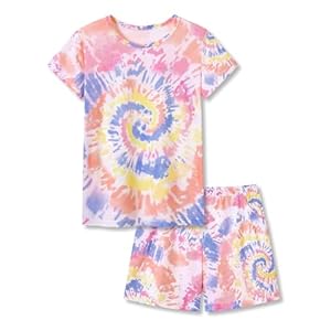 Beezizac Neon Tie Dye Spiral Pattern/Butterfly Pajamas for Girls Tee & Shorts PJ Set Size 6-18