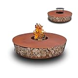 Oleio Design Outdoor Feuerstelle und Grill Durchmesser 90 cm aus robustem Cortenstahl mit Holzlager I Feuerschale und BBQ mit Holzablage in Rostoptik mit rostroter Patina