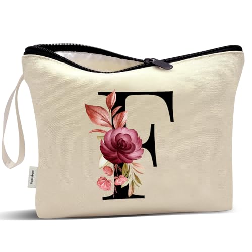 Image of Vavabox A-Z Personalized Makeup Bag, Birthday Gifts for Women Mom, Gifts for Best Friend, Bride Bridesmaid Cosmetic bag (F, Cream Yellow)