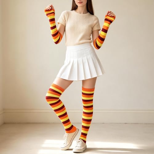 Image of YELAIVP Over Knee Rainbow Thigh High Socks Gloves Set Cosplay Accessories Arm Leg Warmers for Girls