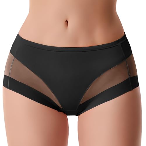 Women's Fashion Solid Briefs High Waist Hip Lift Mesh Patchwork Breathable Comfortable Underwear Black