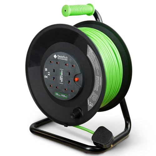 Desiretech 4 Socket Extension Lead 50m Heavy Duty 4-Way Cable Reel 13A Thermal Cut-Out LED Indicator Extra Long 3050m Extension Reel Black & Green CE & UKCA Certified (50 Metre)
