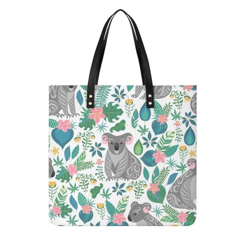 Tote Bag Voyage Imprimé Feuilles Koalas : Grand Sac Porté Épaule 39x39cm