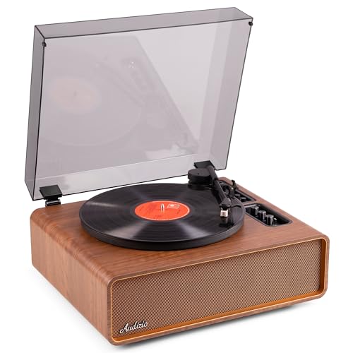 Audizio Laredo - Premium Plattenspieler mit Lautsprecher & Bluetooth, Vinyl Player mit 160 Watt, 33/45 RPM, Hi‑Fi Vorverstärker, Vollautomatik, Auto-Stopp – Schallplattenspieler mit Boxen - Holz Braun