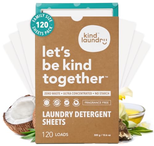Kind Laundry Detergent Sheets with Stain-Fighting Enzymes - Plant Powered Eco-Friendly Laundry Soap Sheets - Home or Travel Laundry Detergent Fragrance Free, 120 Loads (Mom's Choice Award Winner)