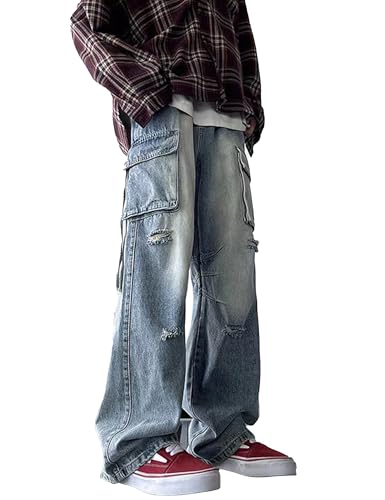 Baggy Cargo Jeans Mens Y2k Ripped Straight Leg Denim Pants Vintage Wide Leg Casual Jeans Trendy Streetwear Grunge Emo Clothes2