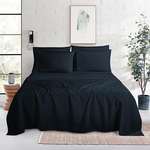 Image of Mocassi Luxury 6-Piece Sheet Set, Ultra Soft 1800 Premium Hotel Quality Microfiber Sheet Set, Fits Mattresses Up to 18 to 24 Inches Extra Deep Pocket - Breathable and Secure Fit, Full, Black