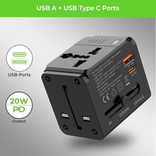 Image of UltraProlink International All in One Universal Travel Adapter|20W Charger|USB-A + Type C Port|PD3.0 Support|1500W|for Mobile, Tablets, Cameras |UM1189|Travel Mate PD20|Black
