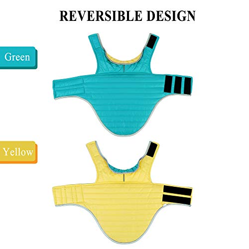 Mogoko Reflective Reversible Dog Winter Coat With Harness/Leash Hole, Waterproof Pet Jacket Warm Vest For Cold Snow Weather (Yellow/Green) #TOP2