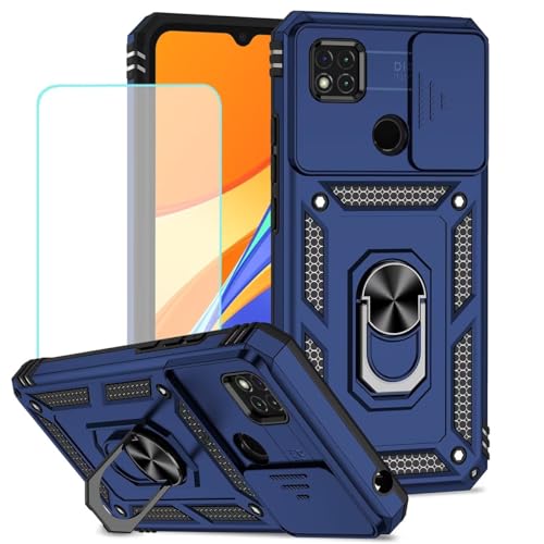 Funda para Xiaomi Redmi 9C y 10A con protector de pantalla y soporte de anillo integrado
