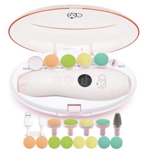 Image of Royal Angels Rechargeable 22 in 1 Baby Nail Trimmer with LCD Display, Labeled Case, 13 Extra Pads, 4 Speed Settings, Safe Quiet LED Light Electric Baby Nail File Kit for Newborns Toddlers (WhitePink)