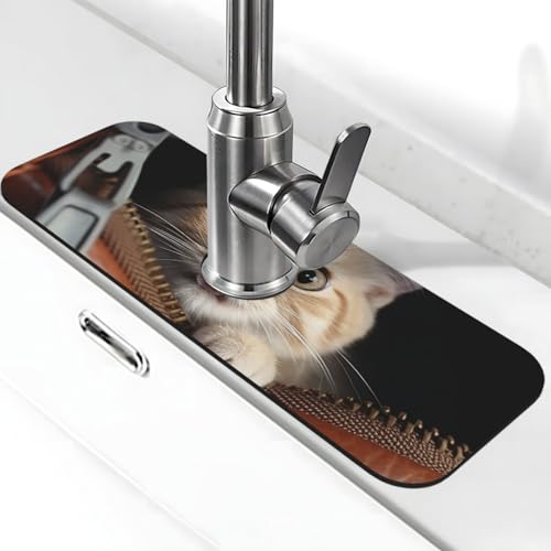 Kitchen Sink Splash Guard Cat peeks out of zippered leather