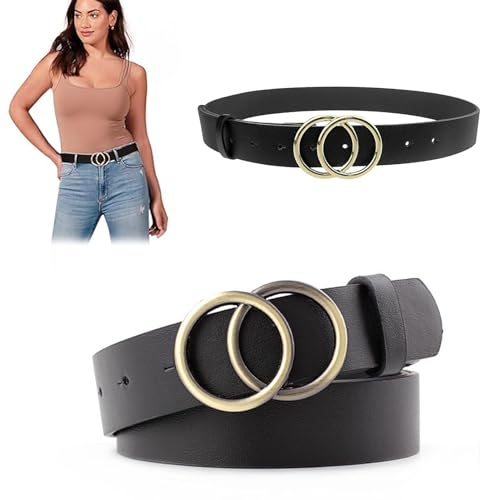XPOOP 1Pzs de Cinturón de Cuero, Cinturón de Mujer, Cinturon Mujer, Cinturon Elastico Mujer, Cinturon Mujer Fiesta, Cinturón de Hebilla Redonda de Doble, Sencillo y de Moda Cinturón de Cuero (Negro)
