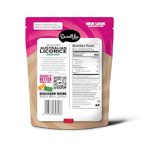 Darrell Lea Soft Australian Licorice, Non-GMO, No Palm Oil, Plant Based, No High Fructose Corn Syrup, Soft & Chewy Licorice Candy, Made in Australia (Mixed Fruit, 7 Ounce (Pack of 8))