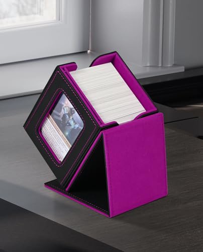 MTG - Scatola porta carte con finestra Commander, scatola magnetica in pelle, contiene 100 carte a doppia manica, adatta per carte TCG/CCG/PTCG/EDH/Magic/Sport (nero e viola)