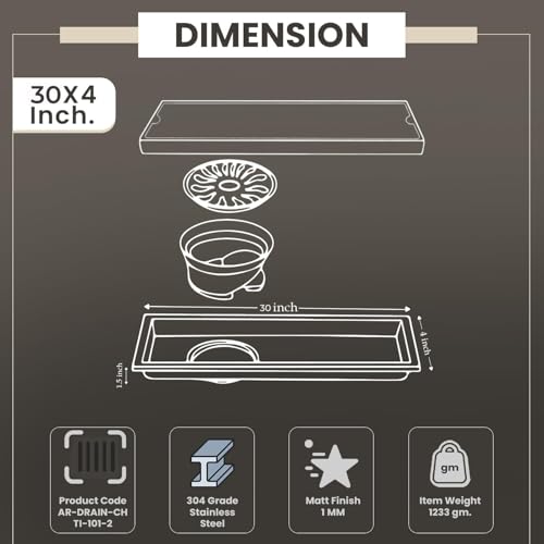 Image of EVANEX Tile Insert Bathroom Drain | 30x4 Inches Shower Drain Channel | Waste Water Floor Drain Channel | 304 Stainless Steel Invisible Shower Drain Channel with Anti Cockroach Trap