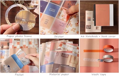 Image of VOTDOT (346Pcs) Paper Junk Journal & Scrapbook Kit, Scrapbooking Supplies Kit with Creative Decor Journaling Supplies, Stationery, Stickers, A6 Grid Notebook with Graph Ruled Page Gift for Girl Sunset