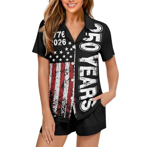 Image of Women's Short Sleeve Sleepwear Button 2 Piece Plus Size Pajamas Casual Soft Stretchy Funny Nightwear with Pockets