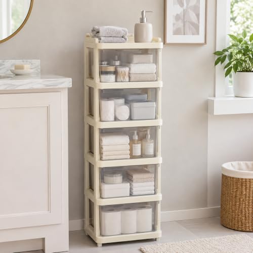 Image of Heavy Duty Plastic Storage Drawer with Wheels | Modular Cabinet for Bedroom, Office, Home or Classroom| Chest of Drawers Organiser for Cosmetics, Kitchen items, Toys (White Transparent, 5)