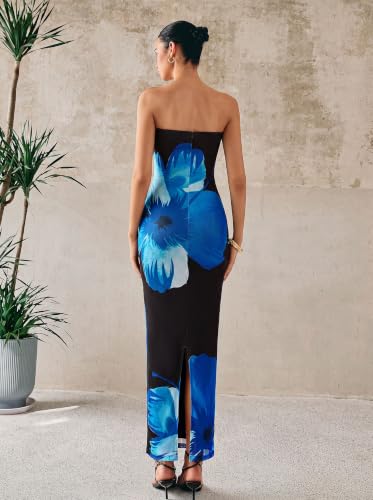 Image of PRETTYGARDEN Women Summer Strapless Maxi Dress Bodycon Floral Sexy Long Wedding Guest Dress Formal Tube Mesh Cocktail Dresses