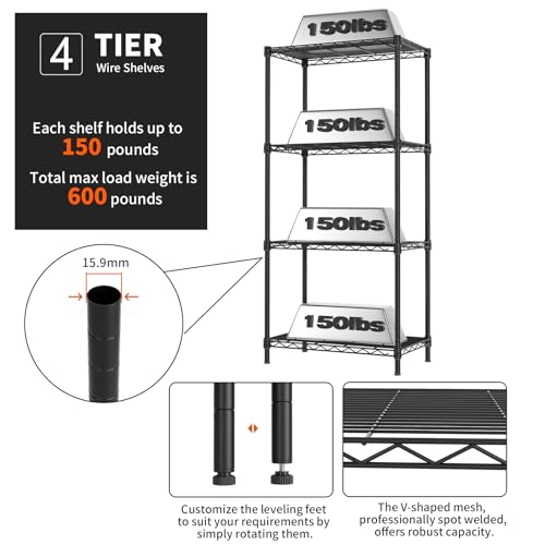 Golpart 4 Tier Adjustable Storage Shelves,Heavy Duty Metal Utility Shelf 600LBS Capacity,Wire Shelving Unit Organizer Rack for Home,Kitchen,Office,Bathroom,Pantry Room,12\" D x 22\" W x 43.37\" H,Black - Thumbnail 5