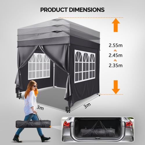 Bonnlo Carpa Plegable de 3x3m, con 4 Bolsas de Arena, UPF 50+, Gazebo y Cenador de Jardín Impermeables, para usos Exteriores, Camping, Fiestas, Playa y Patios, Gris Oscuro