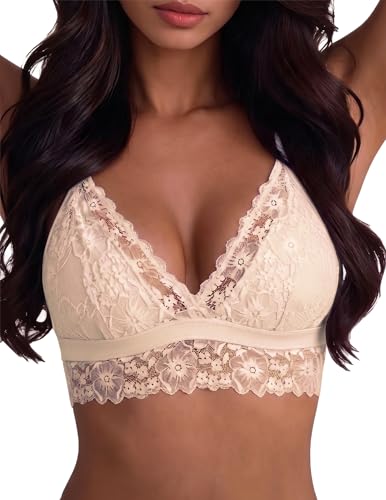 Image of Avidlove Lace Bralette for Women Sexy Wireless Bralettes Non Padded Bralette V Neck Minimizer Lingerie