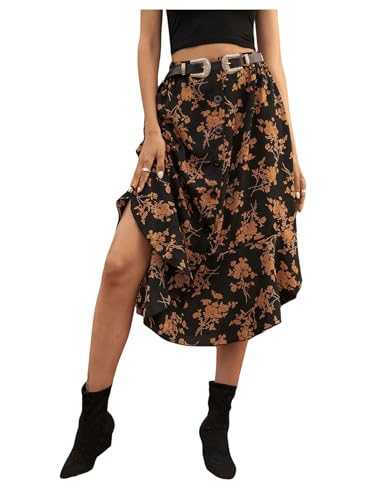 GORGLITTER Women's Floral Print Midi Skirt Button Front High Waist Ruffle Hem Flowy Skirts Black Floral Medium