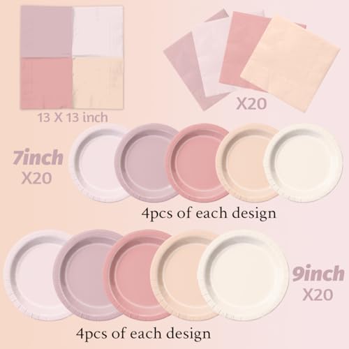 Image of CMUSKO Pink Birthday Decorations - 60pcs Retro Dusty Pink Plates & Napkins Kit Boho Theme Tableware for Baby Shower,Wedding, Bridal Shower