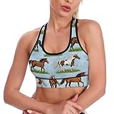 Women Ladies Comfort Fit Racerback Yoga Bra Removable Brown White Black Horses Running Grass Blue Athletic Tank Tops with Pads Quick Dry Outfit for Running Gym