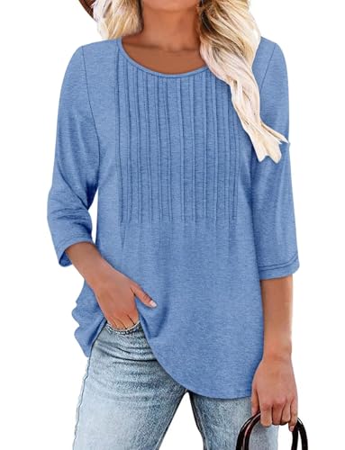KISSMODA Tunic Tops for Women Loose Fit Dressy Round Neck Pleated 3/4 Length Sleeve Spring Tops