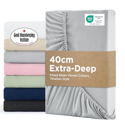 Bedsure Double Fitted Sheet Deep - Bed Sheets Extra Deep Pocket 16 inch (40 cm) made of Soft Brushed Microfiber for Double Bed Grey 135x190cm